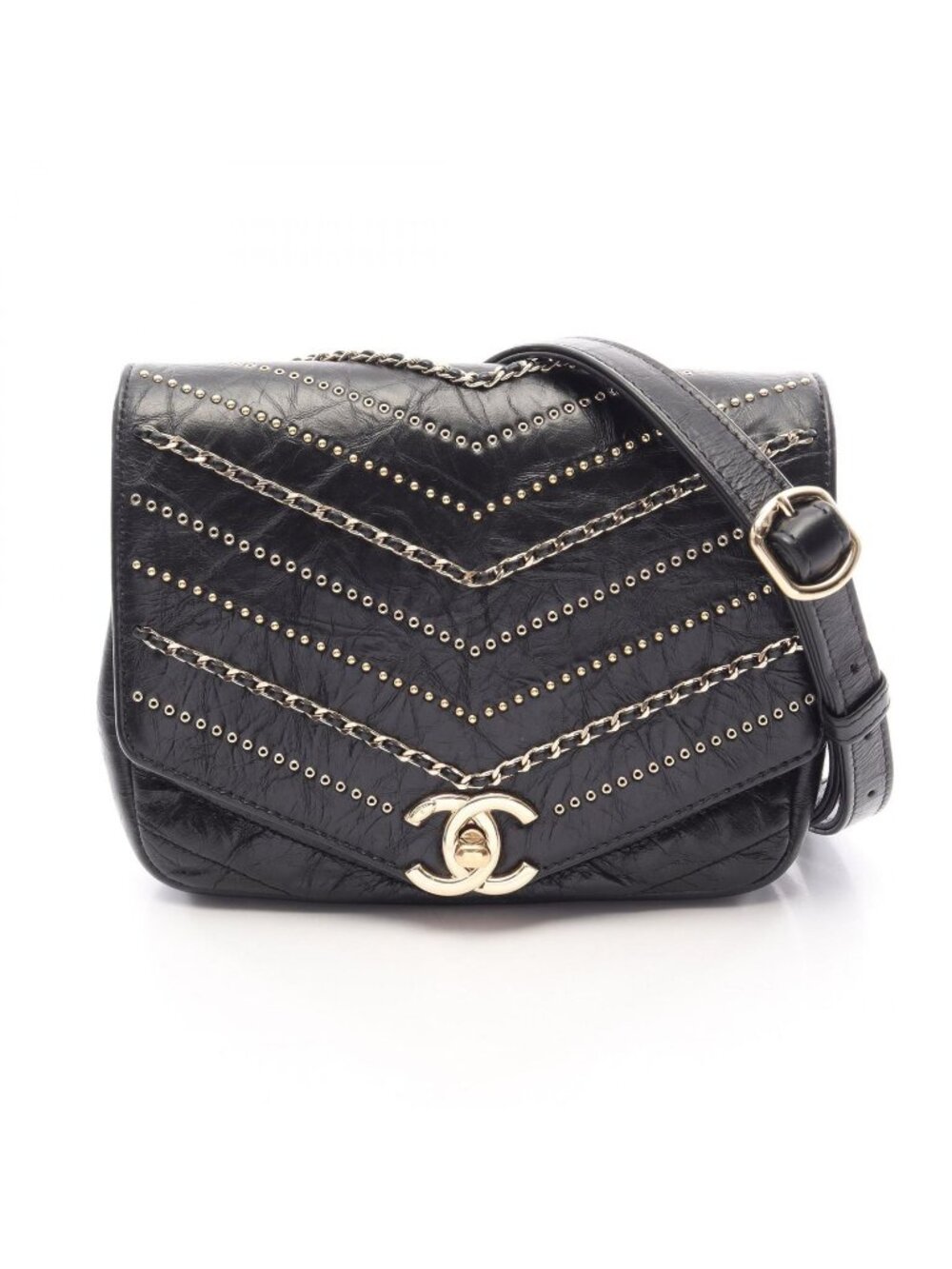 Chanel Shoulder Bag Chevron V-stitch Black Leather Small Flap Chain